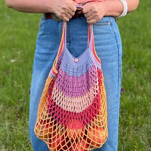 Sac en filet au crochet Sac à provisions rose durable Petit fourre-tout d'épicerie français Sac à main bohème en résille en coton Sac écologique réutilisable