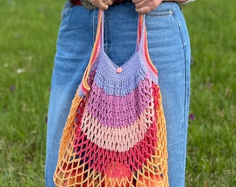 Borsa a rete all'uncinetto Borsa per la spesa sostenibile rosa Piccola borsa per la spesa francese Borsa a rete in cotone boho Borsa ecologica riutilizzabile