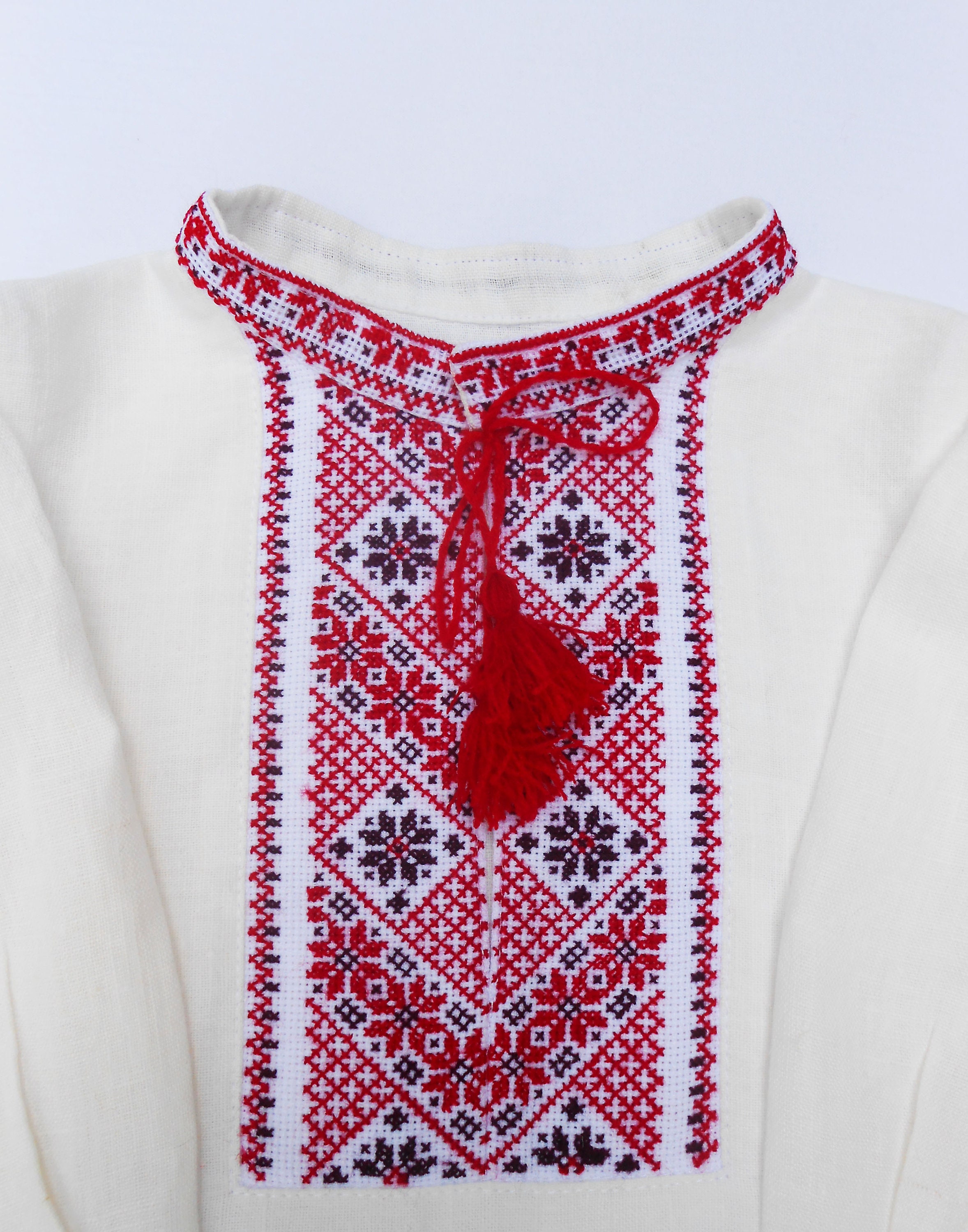Ukrainian hand embroidered white shirt for boy Ethnic cross stitch red black embroidery Slavic carpathian folk costume Easter gift for kid