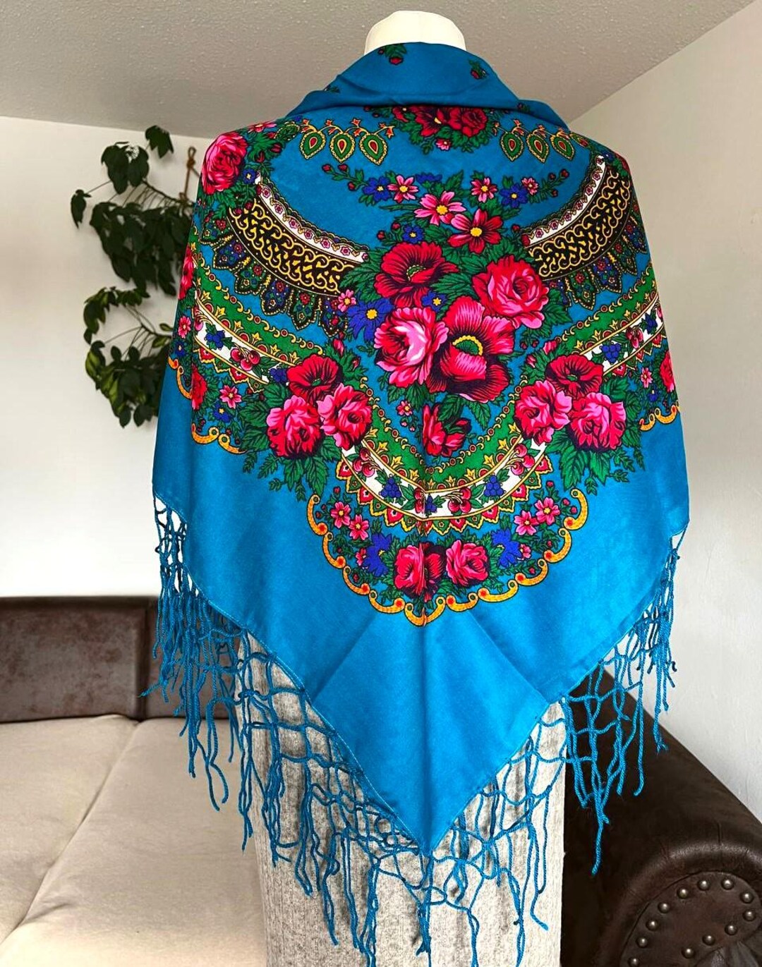 Blue Pavlovo Posad Head Scarf for Women, Ukrainian Floral Shawl, Ethnic ...