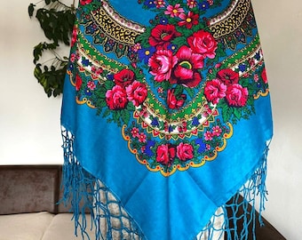 Blue Pavlovo Posad head scarf for women, Ukrainian floral shawl, Ethnic wrap with roses Boho fringed scarf Retro Christmas gift