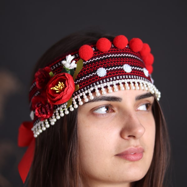 Ukrainian headband for women Colorful ethnic head crown with flower & beads trim Traditional folk head wreath Easter gift