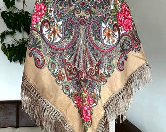 【未使用品】 Flower Large Scarf アイボリー おねコラボ ウールシルクストールヘリンボーン織120＞コラージュサークル