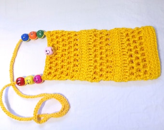 Neck cell phone holder Yellow mobile phone smiling bag Crochet iPhone case Hanging Smart phone purse Crossbody phone cover Knit iPad bag