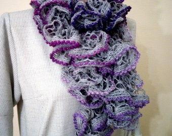 Gray & violet ruffle shawl for women Knitted layered purple boa scarf for lady Lightweight wrap Winter outfit Romantic gift for girl