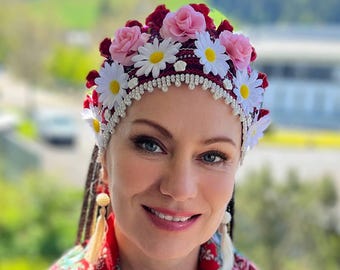Ukrainian floral head crown Dark red ethnic headband for women with daisies & rose Traditional folk head wreath