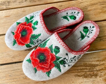 Embroidered Felt Slippers, Ukrainian Folk House Shoes, Red Poppies design