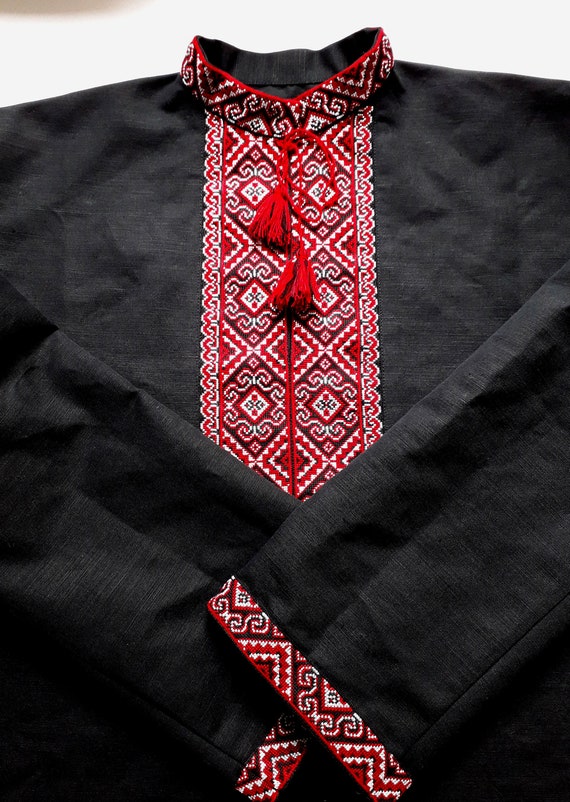Black Hand Embroidered Linen Shirt for Men Cossack Folk Shirt