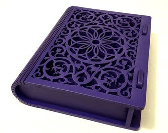 Boîte mandala en bois découpé au laser Boîte pour cartes de tarot violette Rangement bijoux Boîte à bibelots violette avec couvercle floral Autel de sorcière Boîte magique