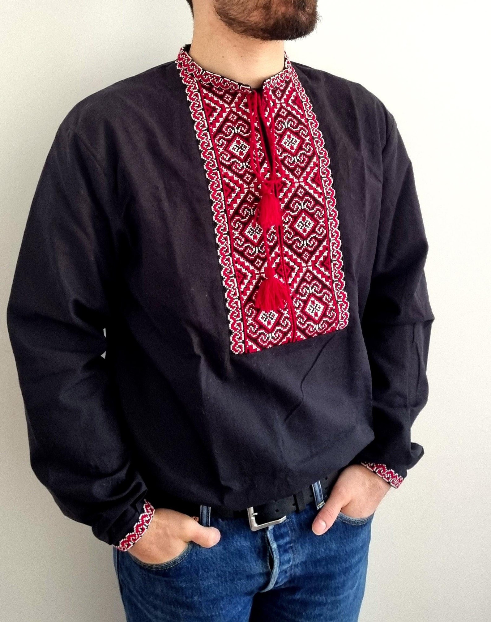 Black Hand Embroidered Linen Shirt for Men Cossack Folk Shirt Etsy