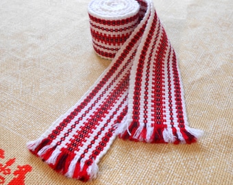 Slavic woven sash, Ukrainian hand crafted belt for jeans, White & red Cossac kraika