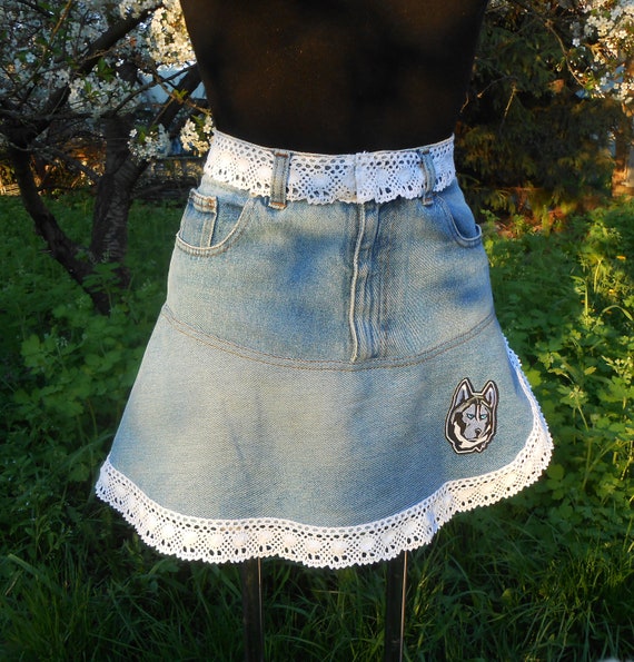 Upcycled Denim Skirt With White Lace Recycled Jeans Clothing Repurposed  Blue Boho Mini Skirt Eco-friendly Short Summer Skirt Easter Gift - Etsy