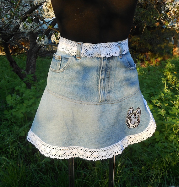 Upcycled Denim Skirt With White Lace Recycled Jeans Clothing Repurposed  Blue Boho Mini Skirt Eco-friendly Short Summer Skirt Easter Gift - Etsy