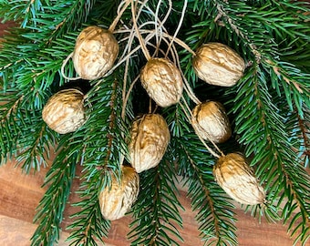 7 golden walnut ornaments, Eco friendly Christmas tree decor, Sustainable Walnut shell, Natural rustic ornaments