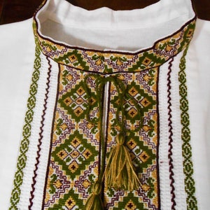 Ukrainian hand embroidered linen shirt Vyshivanka Slavic chartreuse beige cross stitch embroidery Folk wedding costume Christmas gift