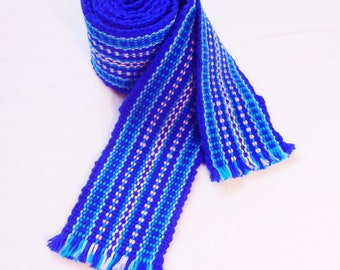 Slavic woven sash belt Ukrainian hand crafted girdle Blue white Cossack waistband Colorful unisex cummerbund for jeans Christmas gift
