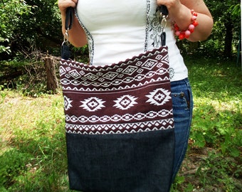 Bolso de mezclilla tribal del suroeste Bolso bandolera reciclado con tapiz Monedero ecológico reutilizable Bolso de hombro sostenible Bolso bohemio azteca con cremallera
