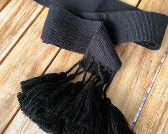 NEW! Black woven belt with tassels, Hand crafted waistband 3" wide, Unisex ethnic sash, Slavic boho belt