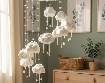 White Сloud Rain Baby Mobile with Crystal Drop Beads: Neutral Scandinavian Nursery Crib Decor