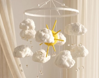Cloud Baby Mobile with Sun and Glass Raindrops, Neutral Crib Mobile, You Are My Sunshine Nursery Theme, Baby Shower Gift