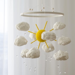 Wool Sun & Cotton Cloud Mobile • Handmade Crib Mobile with Glass Raindrops • Eco Nursery Decor