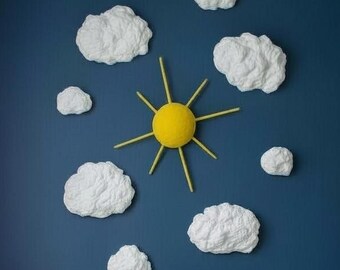3D Cotton Cloud and Sun Wall Art: Neutral Celestial Nursery Decor Set