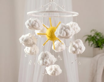 Rain cloud baby mobile Sun crib mobile Cloud nursery decor White neutral girl boy mobile Glass raindrops hanging Felt sunshine room decor