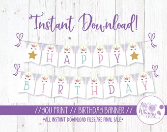 Estandarte de unicornio, estandarte de feliz cumpleaños de unicornio, fiesta de cumpleaños mágica, estandarte de empavesado de unicornio arco iris, fiesta de cumpleaños de unicornio, ARCHIVO DIGITAL