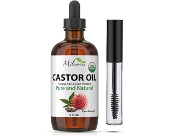 Castor Oil (2oz) Organic, Extra Strength, Serum for Eyelashes, Eyebrows, Hair Growth - 100% Pure, Hexane-Free Cold-Pressed. Free tube