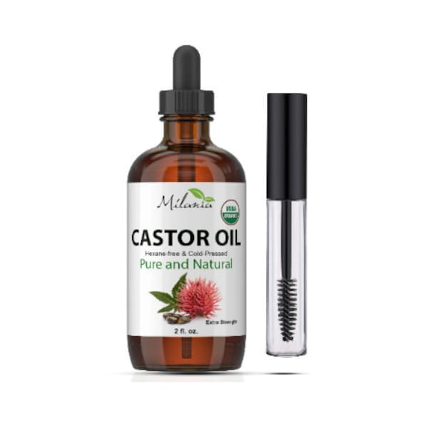 Castor Oil (2oz) Organic, Extra Strength, Serum for Eyelashes, Eyebrows, Hair Growth - 100% Pure, Hexane-Free Cold-Pressed. Free tube