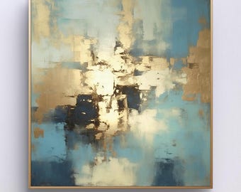 Abstract Acrylic Painting Blue Gold Modern Textured Wall Art Canvas
