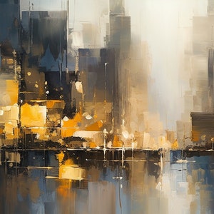 Urban Glow – Large Abstract Cityscape Painting, Original Acrylic Wall Art, Modern Golden Skyline, Textured Night City Canvas