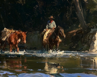 Cowboy Horse Oil Painting Blue Original Canvas Western Landscape Wall Art