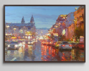 夜の街の油絵 オリジナルの街の風景画 都市景観アート 街の明かりの壁