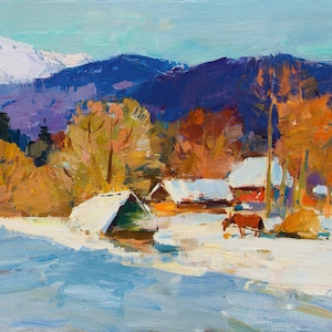 Sunny Winter Day Colorful Original Oil Painting on Canvas zdjęcie 1