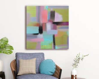 Stunning Abstract Wall Art Acrylic Painting on Canvas with Harmonious Green, Purple, Blue, Pink