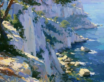 Mediterranean Riviera Original Oil Painting Turquoise Lavender Cliffs Canvas Coastal Wall Art