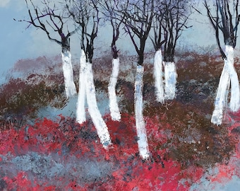 Abstract Acrylic Landscape Painting Red Blue Trees Canvas Original Modern Wall Art