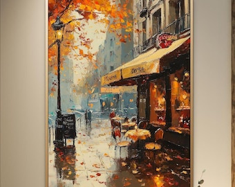 Dipinto a olio di un caffè parigino, scena di strada impressionista autunnale, arte murale
