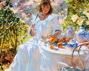 A Cup of Sunlight – Impressionist Woman Painting, Garden Tea Scene, Elegant Figurative Wall Art Canvas