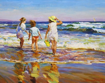 Impressionist Beach Oil Painting, Children and Dog, Coastal Wall Art