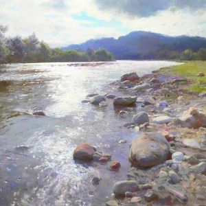 Peaceful Riverbank Landscape – Original Oil Painting of a Tranquil Mountain Stream