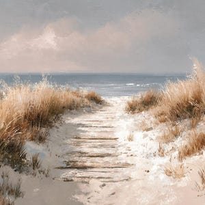 Coastal Path to the Sea – Neutral Tone Seascape Oil Painting, Tranquil Beach Dune Wall Art, Impressionist Ocean Landscape for Coastal Decor