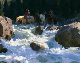 Native American Riders Oil Painting Mountain River Original Canvas Western Wall Art