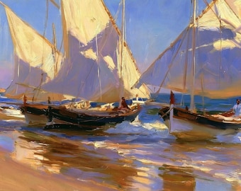Original Oil Painting White Sails Fishing Boats Spanish Coast Canvas Wall Art
