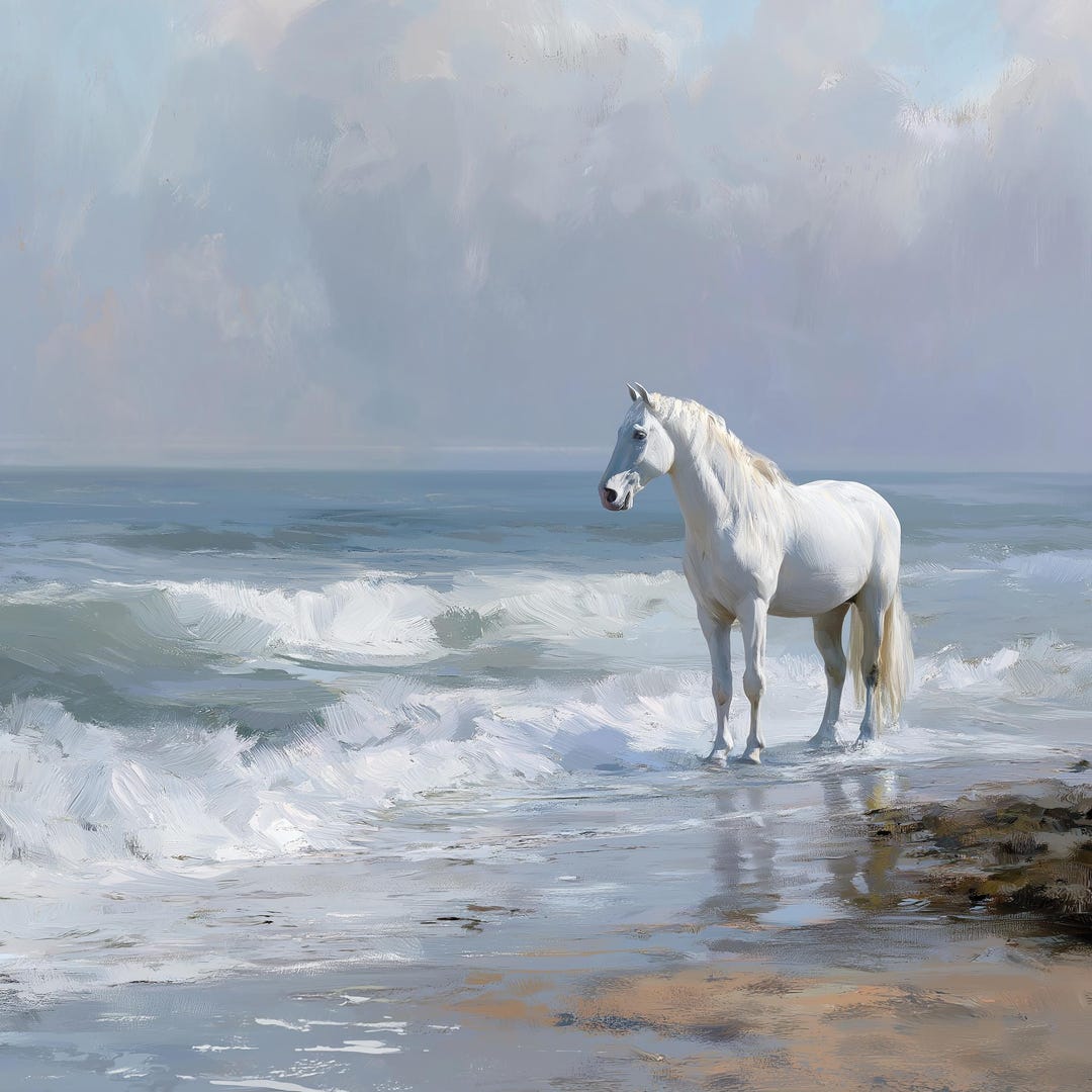 White Horse Oil Painting Blue Ocean Canvas Original Coastal Wall Art ...