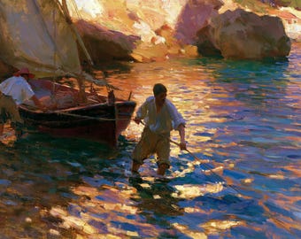 Fishing Boat Oil Painting Blue Mediterranean Original Canvas Coastal Wall Art Golden