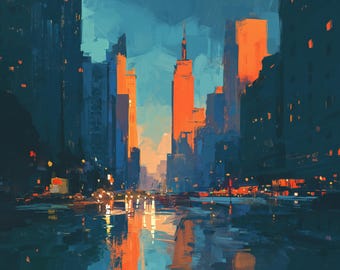 Modern Cityscape Oil Painting, Sunset Skyline Wall Art, Blue and Orange Metropolis for Contemporary Home Decor