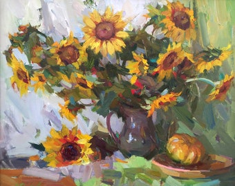 ヴィンテージひまわりの絵画、キャンバスに描かれたオリジナルの花の