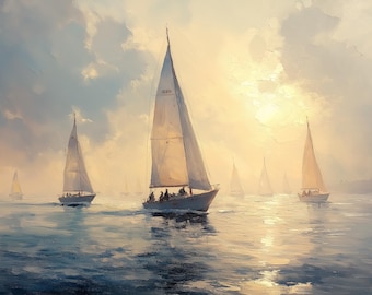 Pintura al óleo de un velero y un yate con mar azul sobre lienzo. Arte náutico original para decoración de pared.